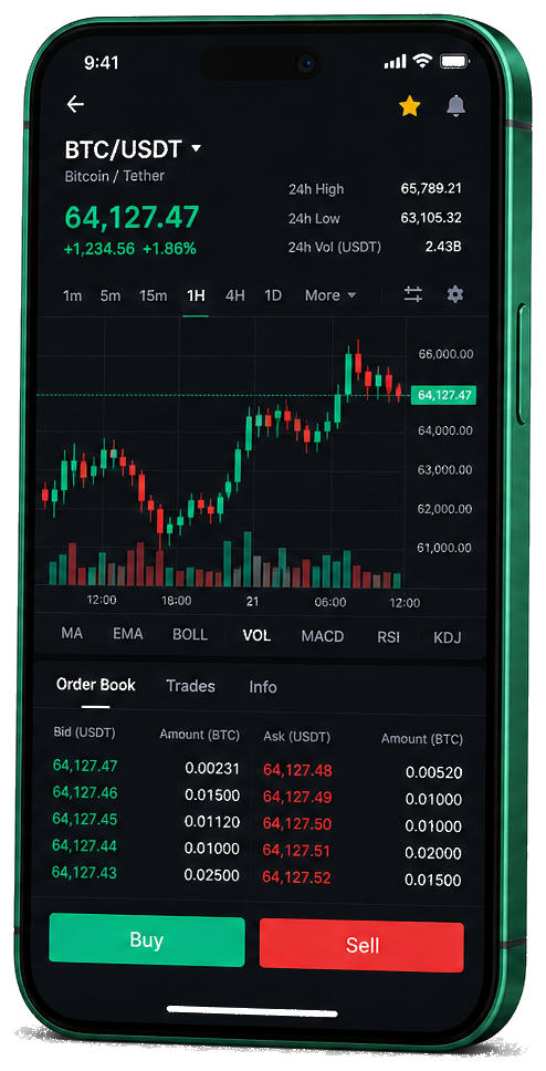 Aureon Asia mobile trading desk with live BTC/USDT pricing, order book details and buy and sell controls